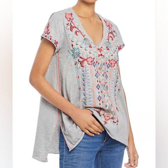 Johnny Was Tops - Johnny Was Tua Knit Drape Top Shirt Blouse Short Sleeve V-neck Pullover Floral S